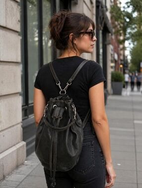 Rare Vintage Rugby North America Drawstring Bucket Bag - Heavy Leather